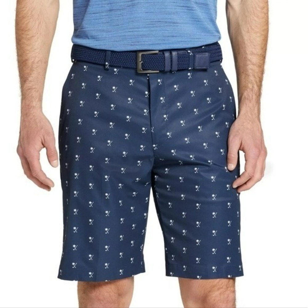 Walter Hagen NEW Perfect 11 Flat Front Palm Navy Blue Golf Shorts Mens SZ 30